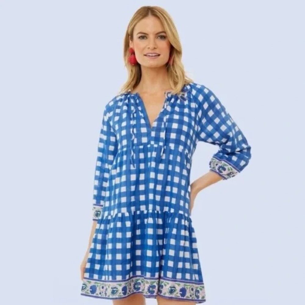 Blue Gingham SZ Blockprints Tuckernuck Priya Dress  w/Flower Details Sz S EUC